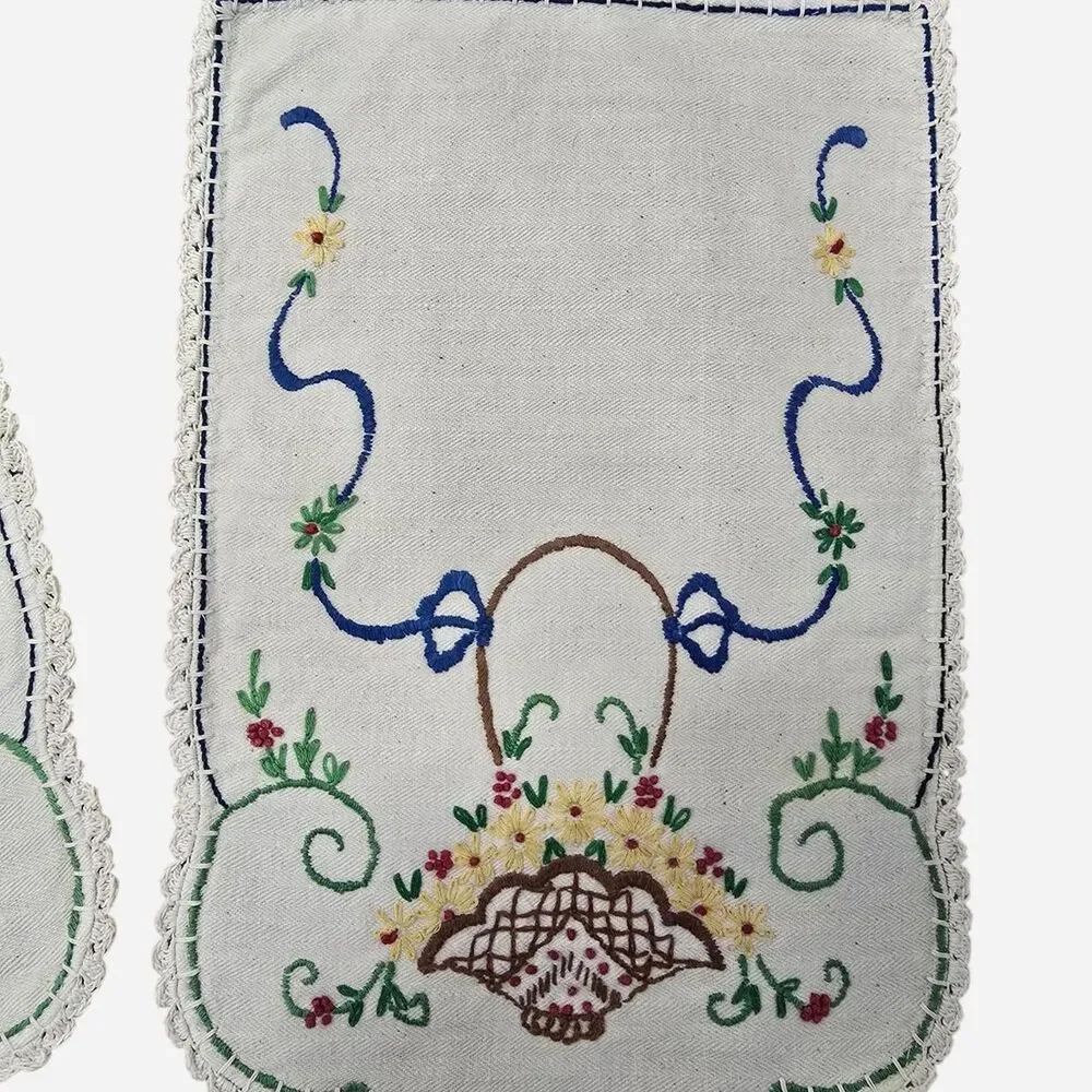 Vintage Art Deco hand-embroidered linen doilies dresser scarves/armrest covers